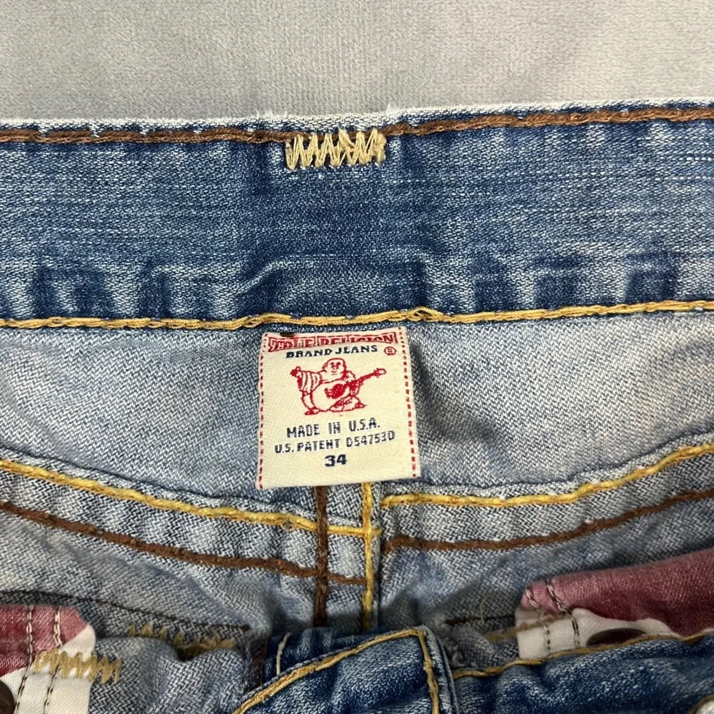 True Religion Denim Shorts Men's Size 34 Blue Big T Stitch Raw Hem Joey Cutoff